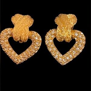 Vintage Christian Dior Gold Pavé Heart Clip-On Earrings
